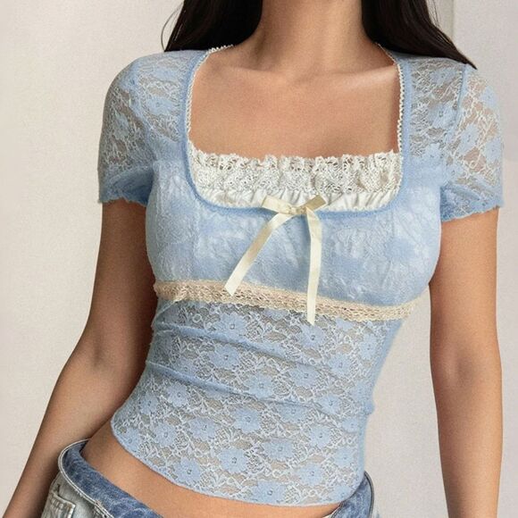 Private Label Tops - Misses Romantic Lace Short Sleeve Scoop Neck Casual Fitted Top with Bow In Blue